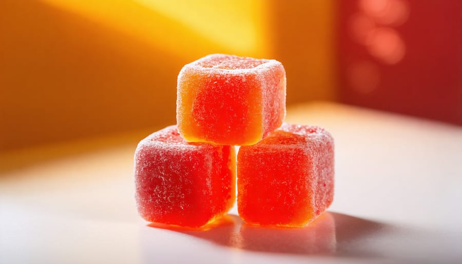 Close-up of cannabis gummies on laboratory surface with scientific equipment