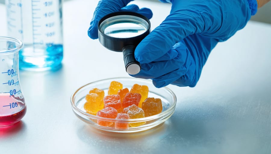 Close-up of cannabis gummies in a glass dish on a laboratory surface with a blue-gloved hand holding a magnifying loupe; blurred lab glassware and small rainbow and Canadian flag pins on a lab coat in the background.