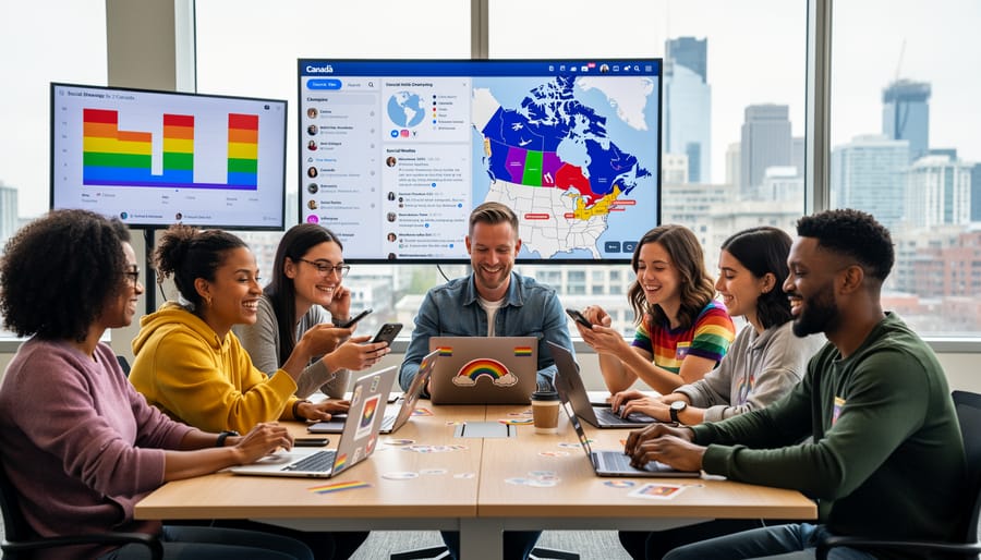 Diverse LGBTQ+ advocates collaborating with laptops at office table
