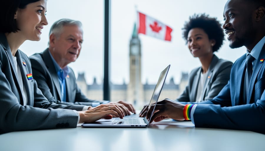 LGBTQ+ advocates working together at a laptop, rainbow accessories visible, with a softly blurred Canadian flag and civic building outside a window; hands on keyboard in sharp focus under soft daylight.
