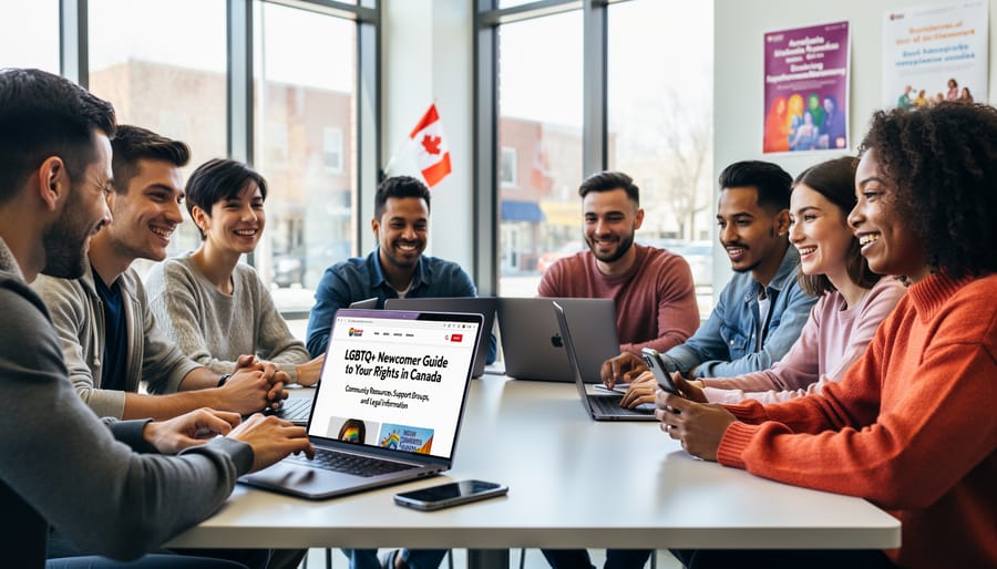 Person researching LGBTQ+ rights information on laptop with Canadian immigration documents