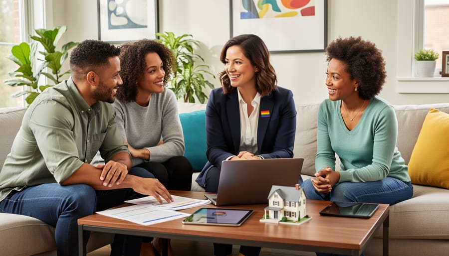Real estate professional consulting with LGBTQ+ client reviewing property documents