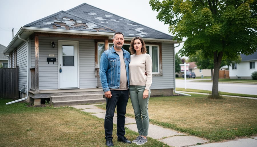LGBTQ+ couple standing together outside a modest Canadian house showing minor wear, with a blurred real estate sign and a door lockbox visible in the background on an overcast day.