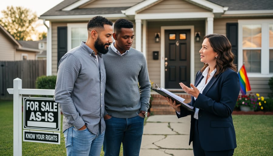 LGBTQ+ couple standing together in front of their home preparing to sell