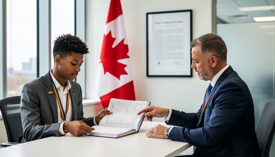 Diverse group holding Canadian and pride flags in welcoming gesture