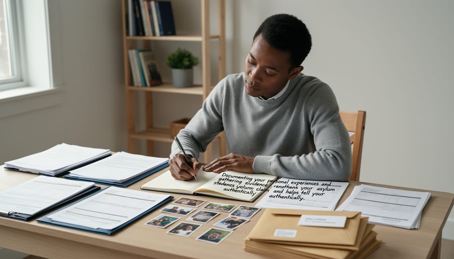 Person writing personal narrative with documents and photographs on desk