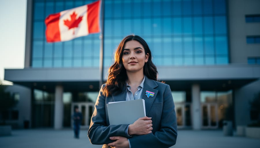 Transgender person outside a Canadian civic building, holding a folder and wearing a small trans pride pin, with a Canadian flag softly blurred behind them in warm evening light.