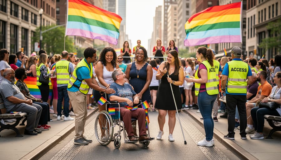 Volunteers preparing an accessible seating area at a Pride event with a tent in the background.
