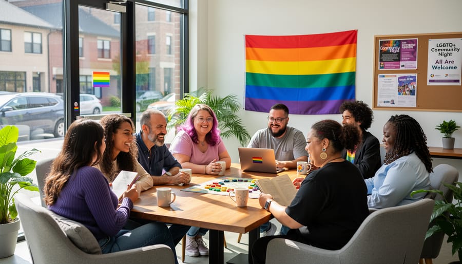 A diverse group of people gathered in a Canadian community center lobby, creating a welcoming atmosphere.