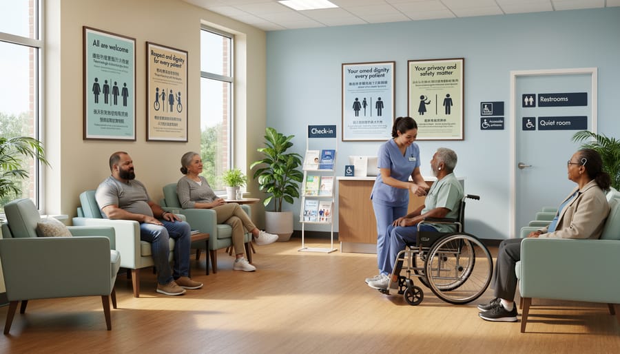 An accessible healthcare waiting room designed for inclusivity, with unisex bathroom signage shape and no readable text.