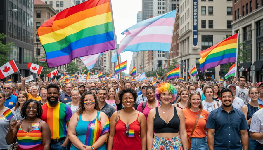 Diverse Pride parade participants holding rainbow flags and celebrating in a city street crowd.