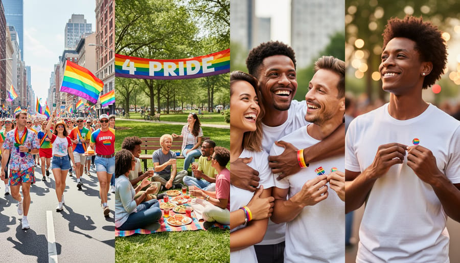 People at different Pride moments with rainbow accessories, garlands, and a small flag in a busy outdoor setting.