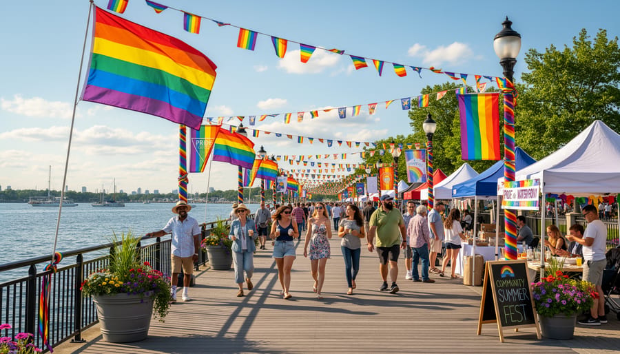 Rainbow Pride ribbons and draped fabric on a Canadian waterfront promenade with attendees walking toward a distant event.