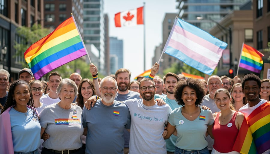 Diverse group of people standing together in a Canadian city street with a rainbow flag draped over a stroller and no visible text
