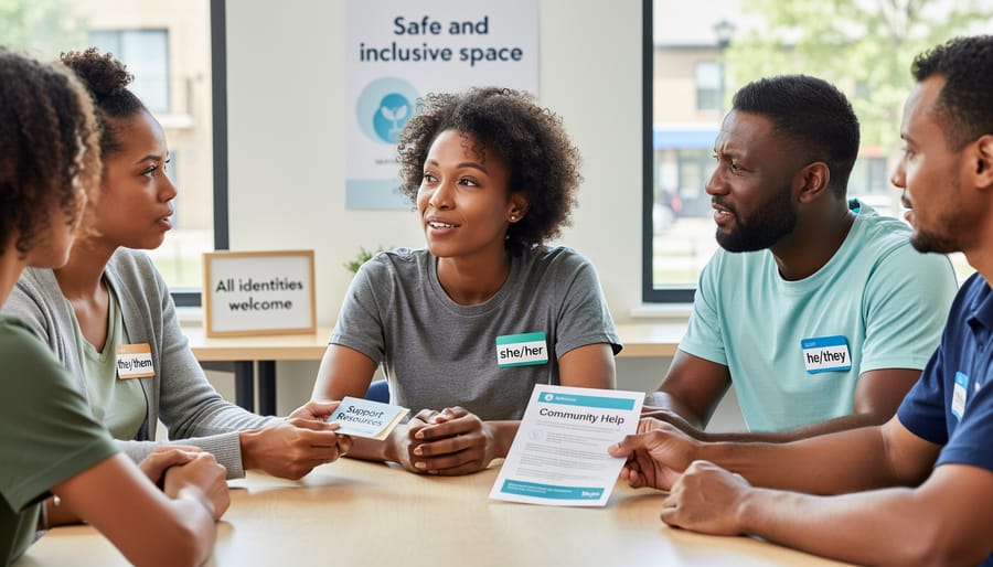 Close-up of diverse hands sharing a blank notebook and gently adjusting a pronoun pin on a jacket during a community gathering