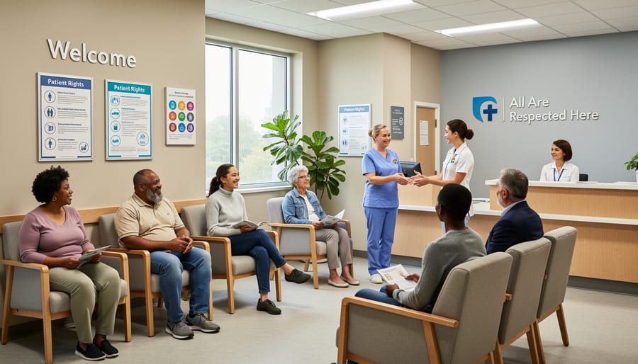 Diverse trans and non-binary adults sitting together in a bright clinic waiting area.