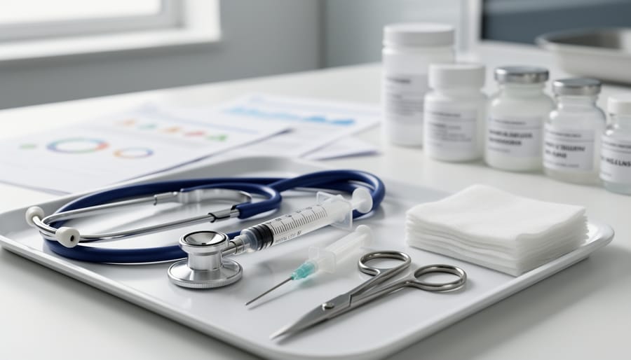 Clinician’s hands holding a pill organizer and stethoscope on a desk in a medical room.
