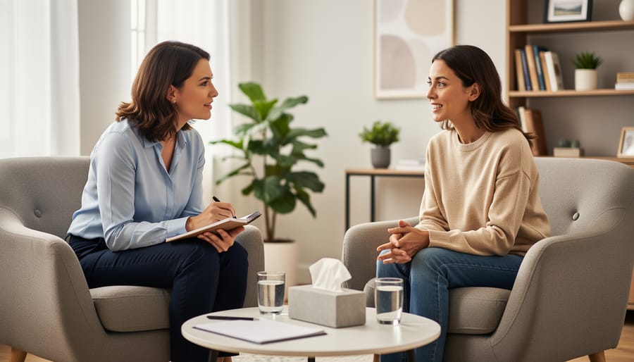 Patient and counselor sitting together in a calm counseling room during a supportive conversation.