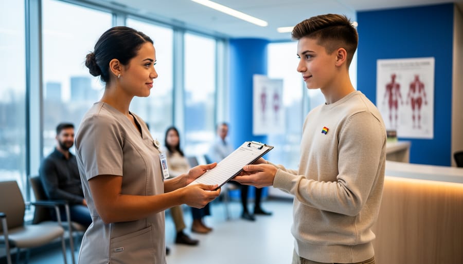 Healthcare professional and young trans patient in a modern Canadian clinic, shown with a supportive interaction in a well-lit room.