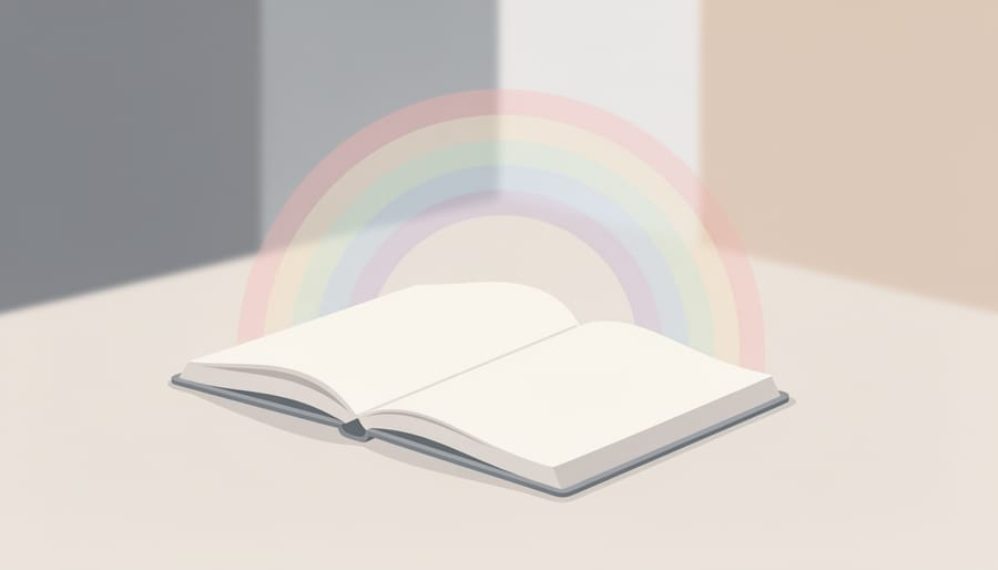 Open notebook on a desk with a pen and a small rainbow ribbon, lit by a soft warm lamp.
