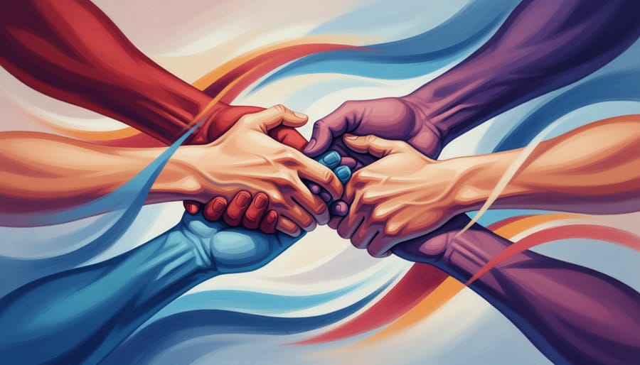 Close-up of two people holding hands, with one person wearing a rainbow-colored wristband.
