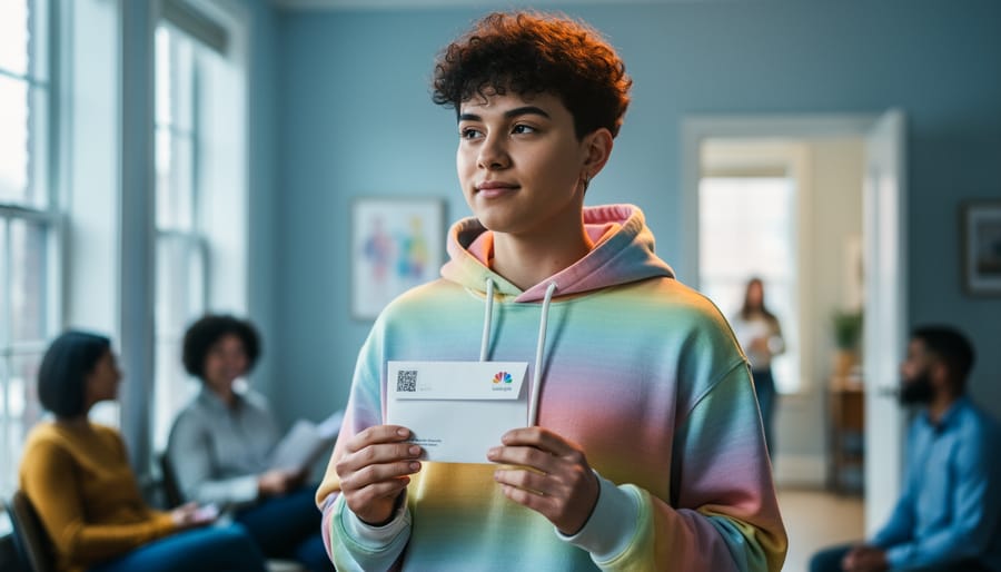 A young 2SLGBTQ+ person in a subtle rainbow-toned hoodie in a softly lit community space, holding a small envelope of supportive resources and looking forward.